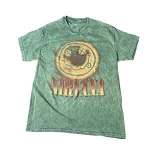 Nirvana Washed Dye Band Tee green smiley face t-shirt size large